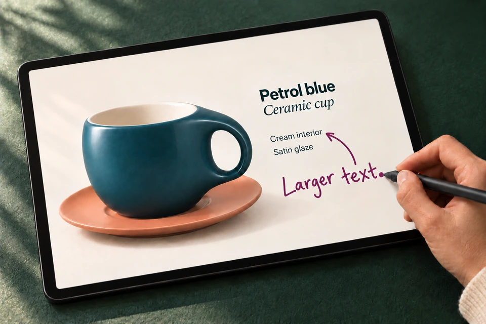 A hand adding handwritten feedback to a ceramic cup presentation on a tablet.
