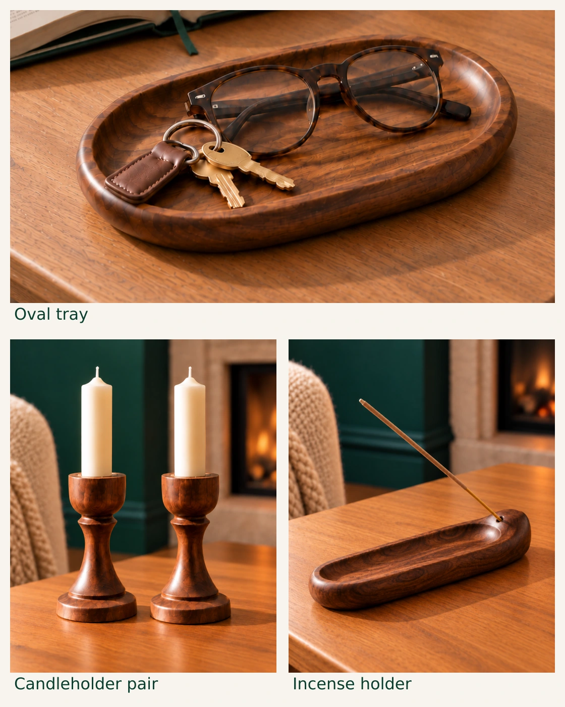 Three coordinated product photographs: an oval wooden tray with glasses and keys, a matching pair of wooden candleholders with unlit ivory candles, and a wooden incense holder with an unlit stick.