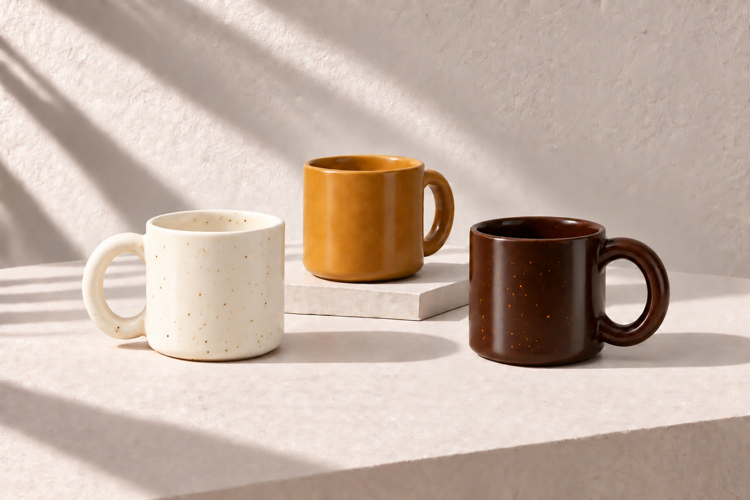 Ivory, ochre and umber stoneware mugs presented together on warm neutral stone surfaces.