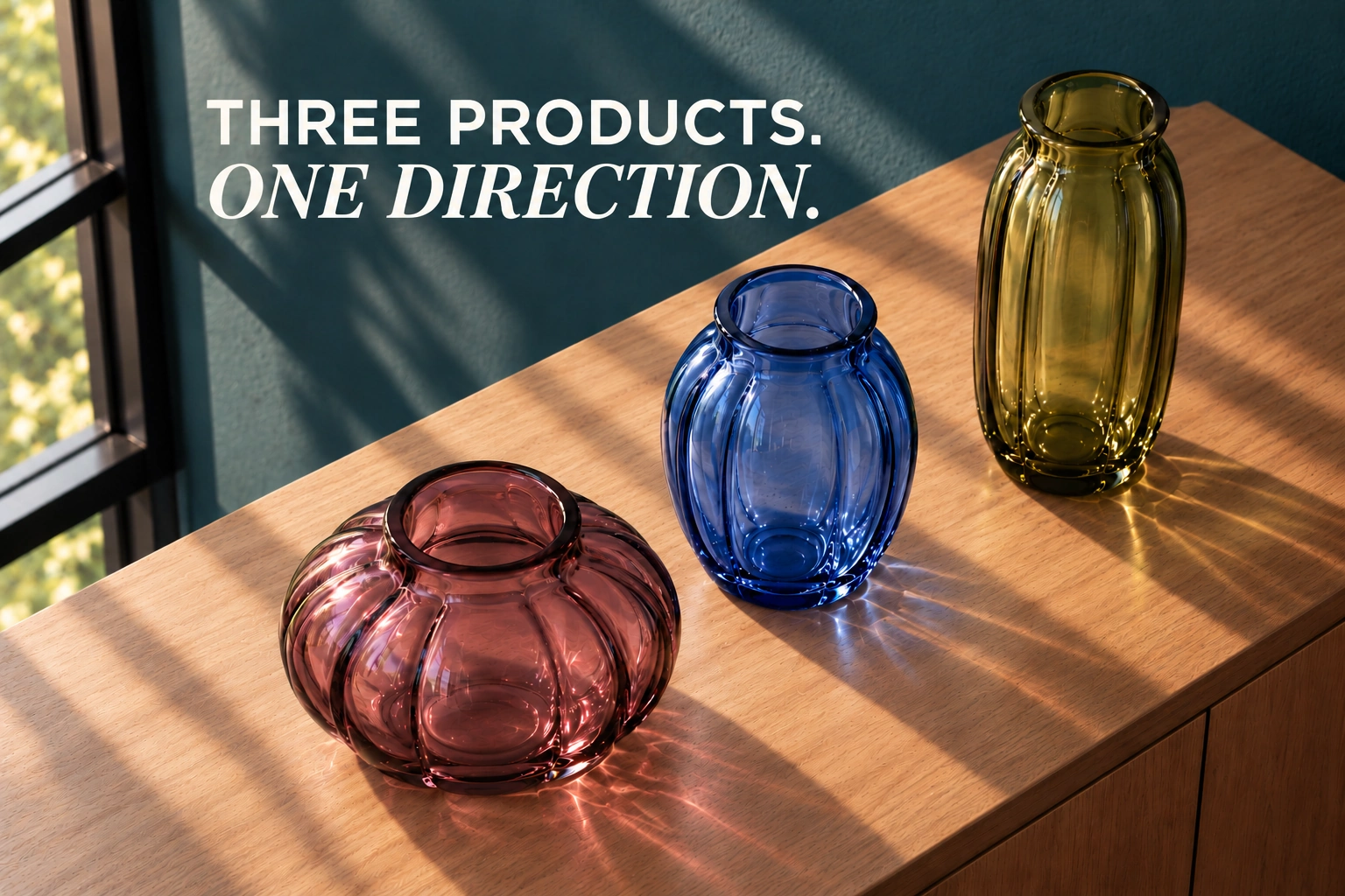 Three fluted glass vases in plum, cobalt blue and olive, arranged diagonally on an oak console beside a petrol wall. Text reads: "Three products. One direction."