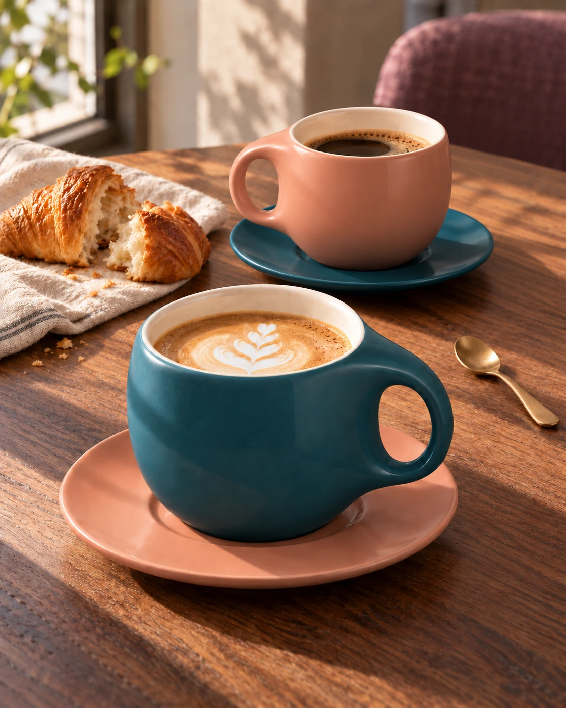Petrol-blue and peach ceramic cups with contrasting saucers at a sunlit breakfast table.