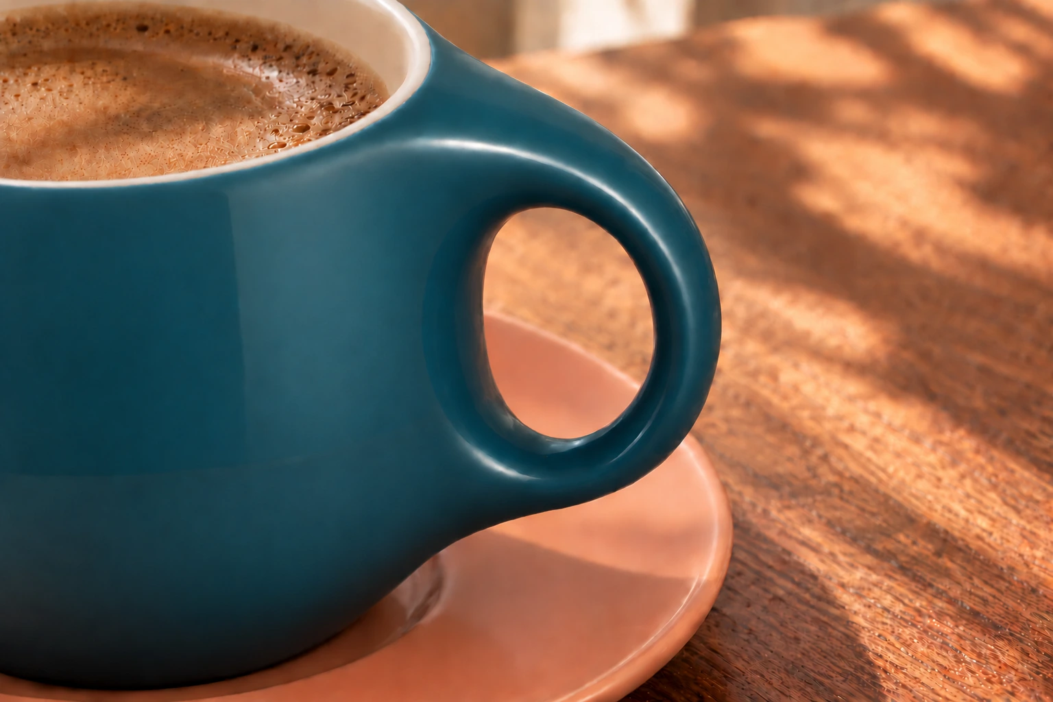 Close view of a petrol-blue ceramic cup handle and glaze above a peach saucer.