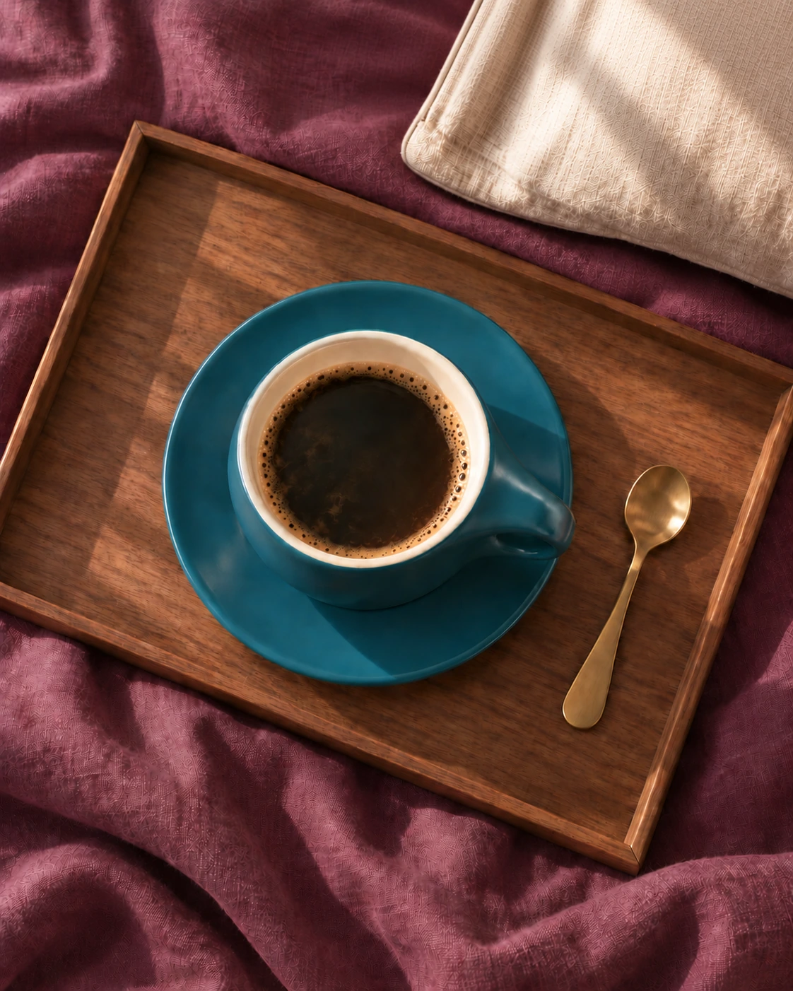 Coffee in a petrol-blue cup on a wooden tray over plum bedding beside an ivory pillow.