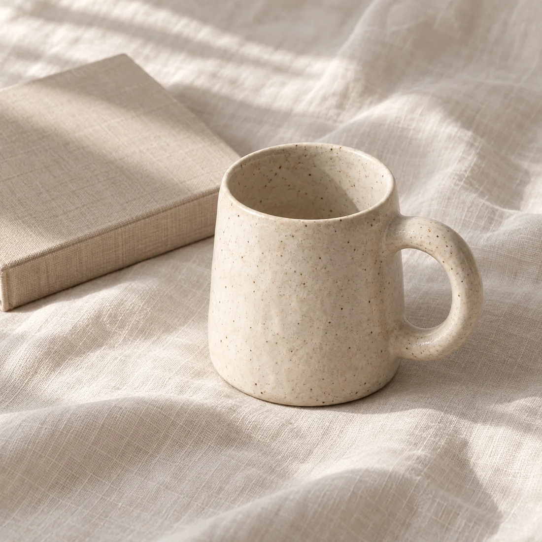 Ivory mug on linen beside a book