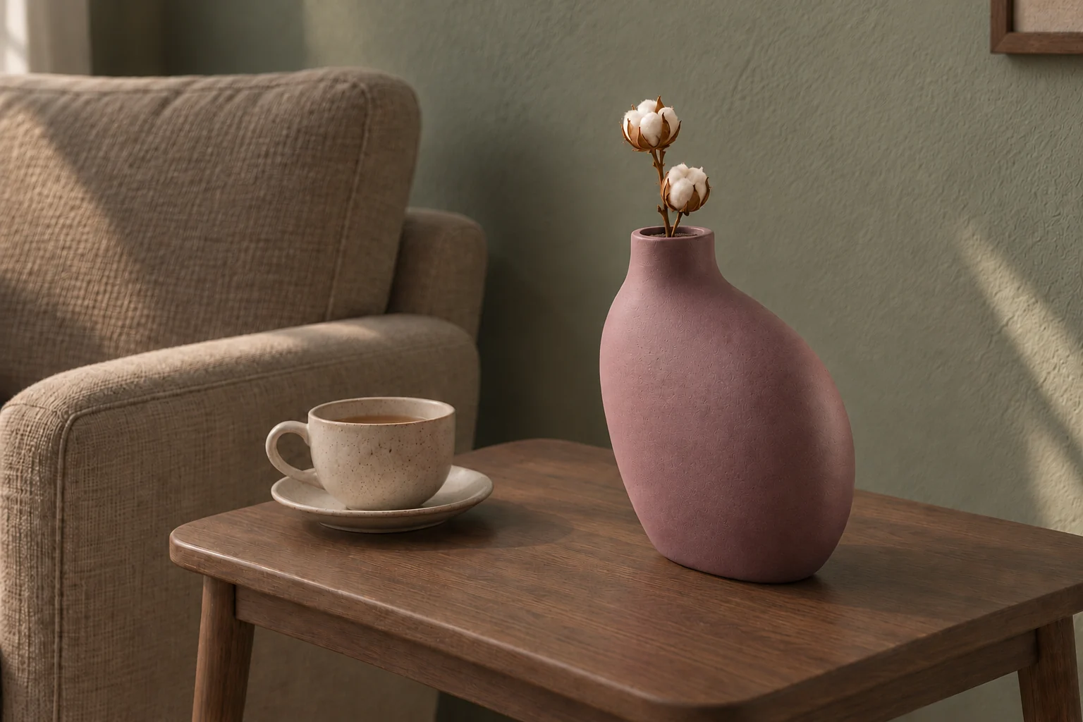 Plum-coloured vase with two cotton bolls on a wooden side table beside a cup and an upholstered chair.