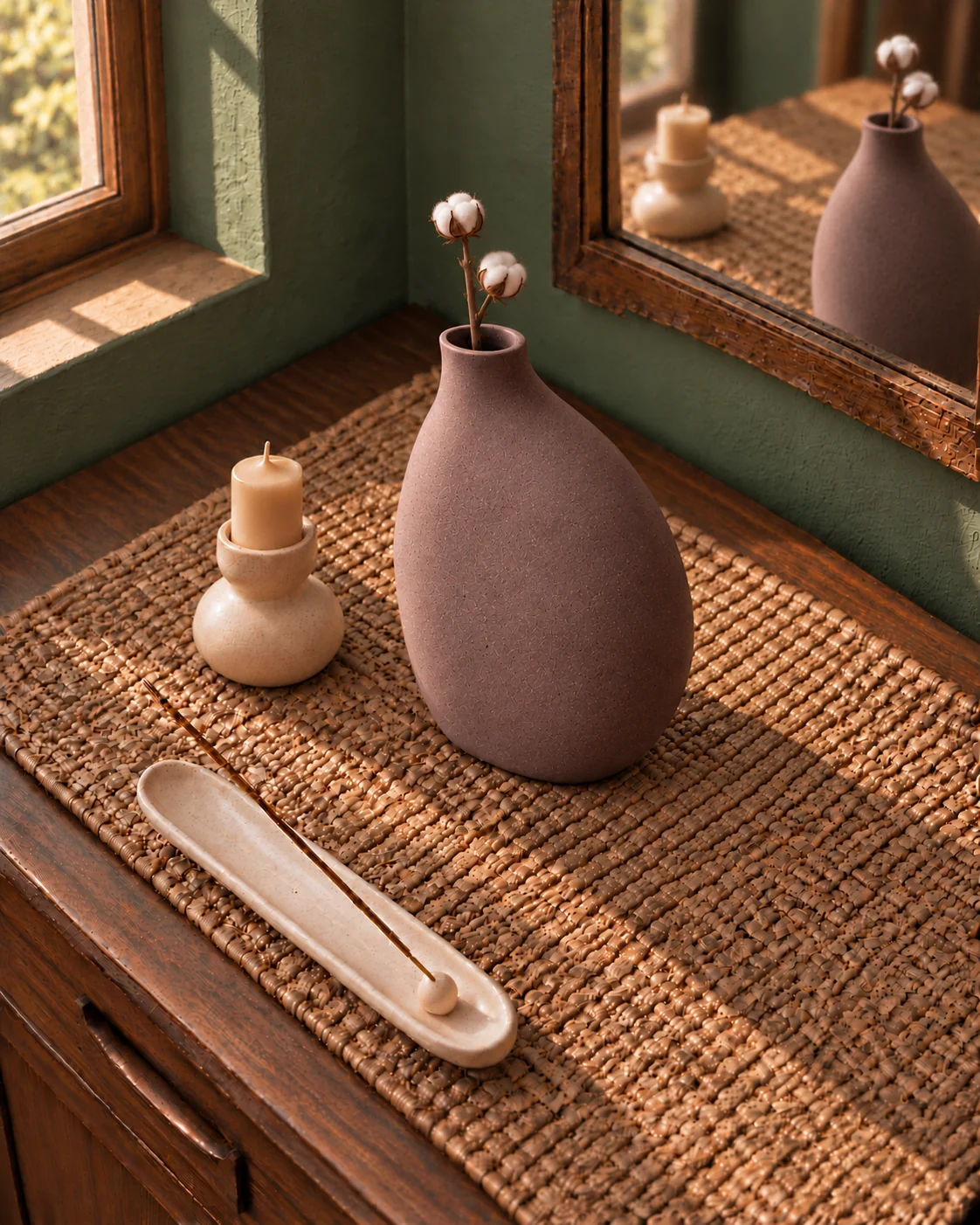 Plum-coloured vase with two cotton bolls, a candle holder and an incense holder on a woven mat beside a window and mirror.